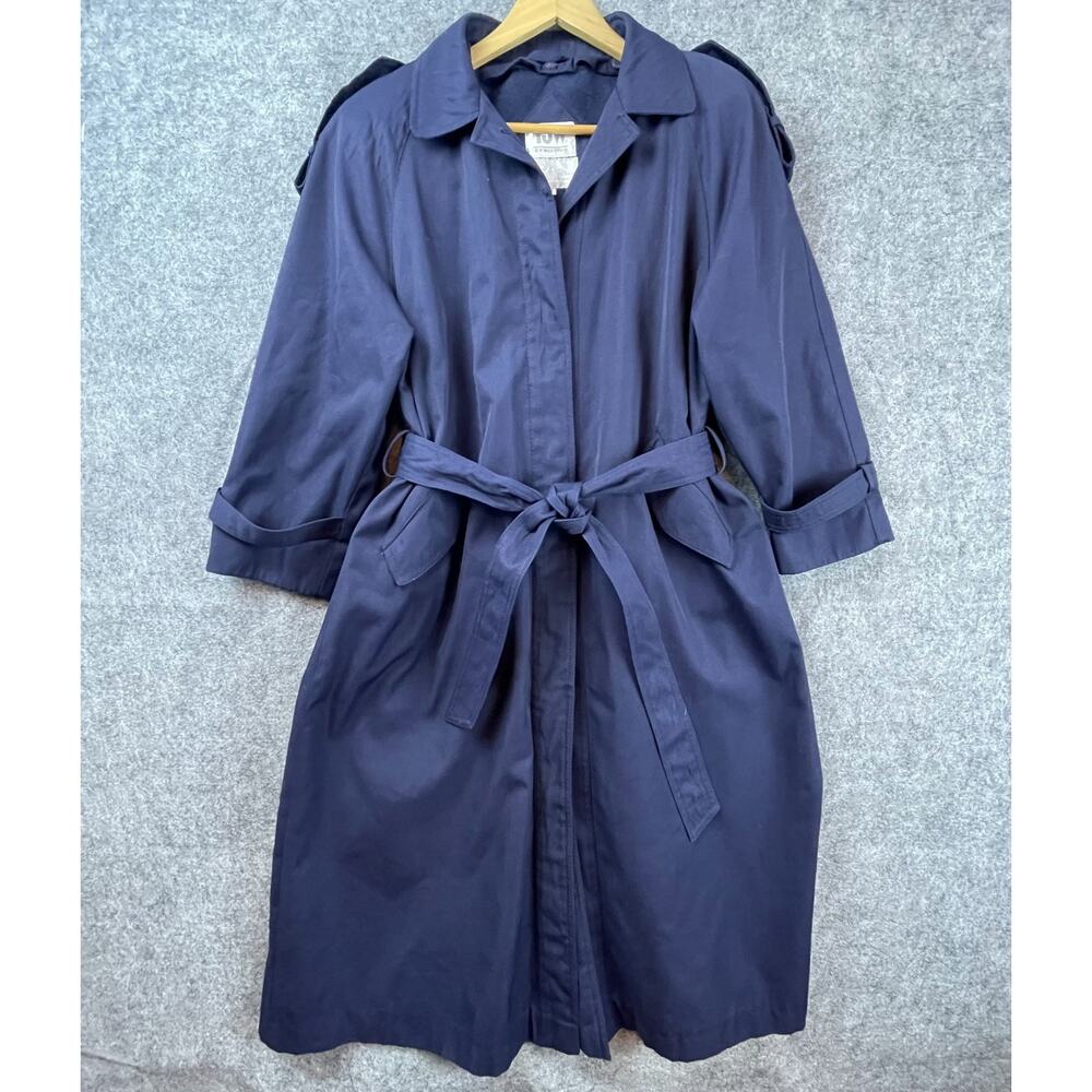 Vintage TJW‎ By Mervyns Trench Coat Womens 10 Petite Blue Pockets Belted 80s 90s